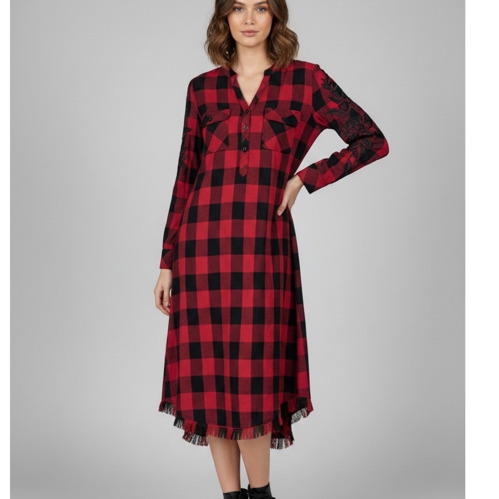 Kyla Seo Darly Red Plaid Embroideredโ Long Sleeve Viscose Midi Dress Size M